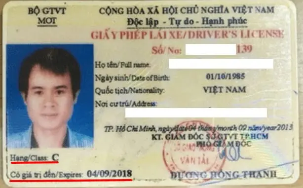 Bằng lái xe hạng C mặt trước Bằng lái xe hạng C mặt trước